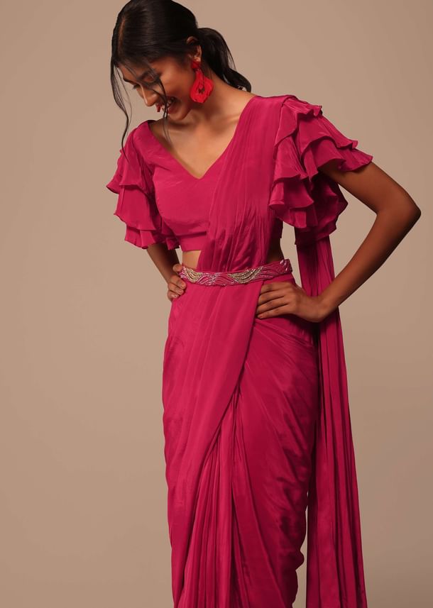 Pink Indo-western Saree And Layered Sleeves Blouse Set In Crepe Pink Indo-western Saree And Layered Sleeves Blouse Set In Crepe