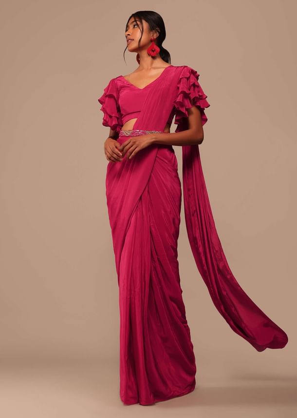 Pink Indo-western Saree And Layered Sleeves Blouse Set In Crepe Pink Indo-western Saree And Layered Sleeves Blouse Set In Crepe