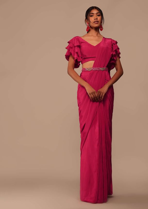 Pink Indo-western Saree And Layered Sleeves Blouse Set In Crepe Pink Indo-western Saree And Layered Sleeves Blouse Set In Crepe
