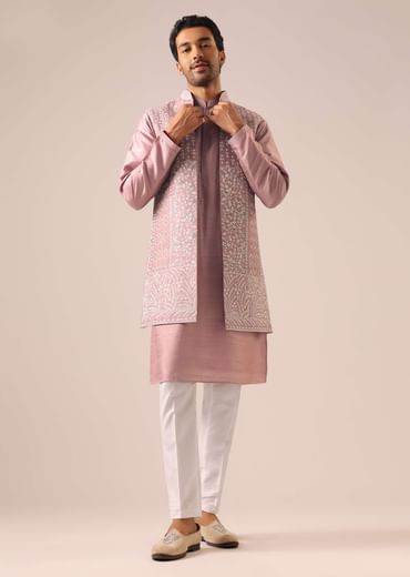 Pink Jacket And Kurta Set with Cutwork Detail