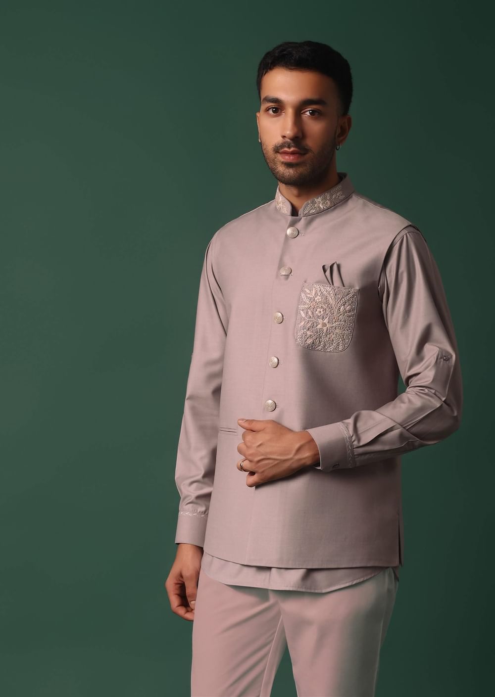 Pink Jacket Kurta Set With Embroidered Neckline And Pocket Square