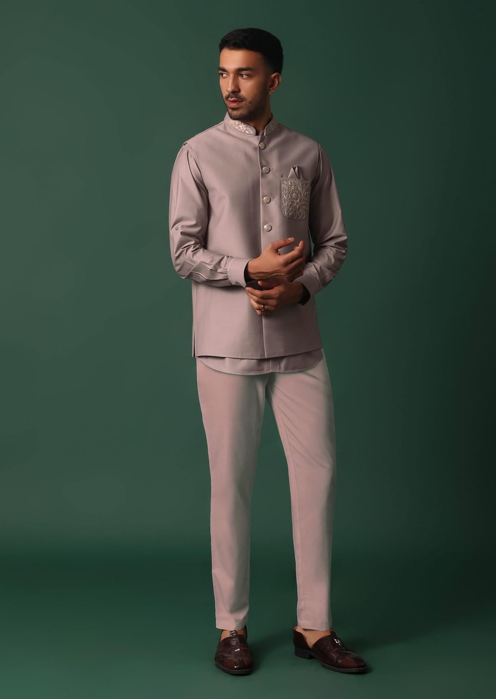 Pink Jacket Kurta Set With Embroidered Neckline And Pocket Square