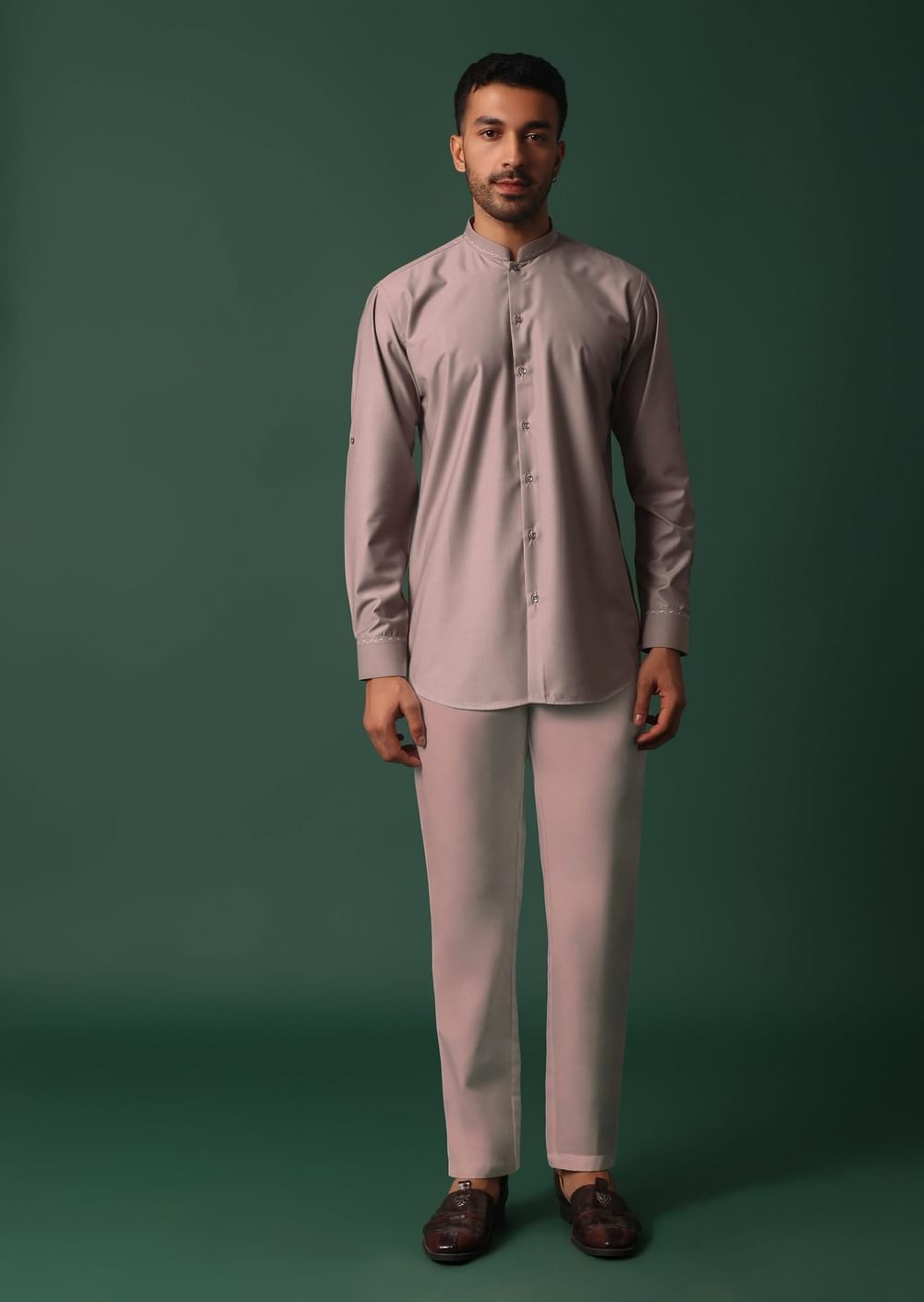 Pink Jacket Kurta Set With Embroidered Neckline And Pocket Square