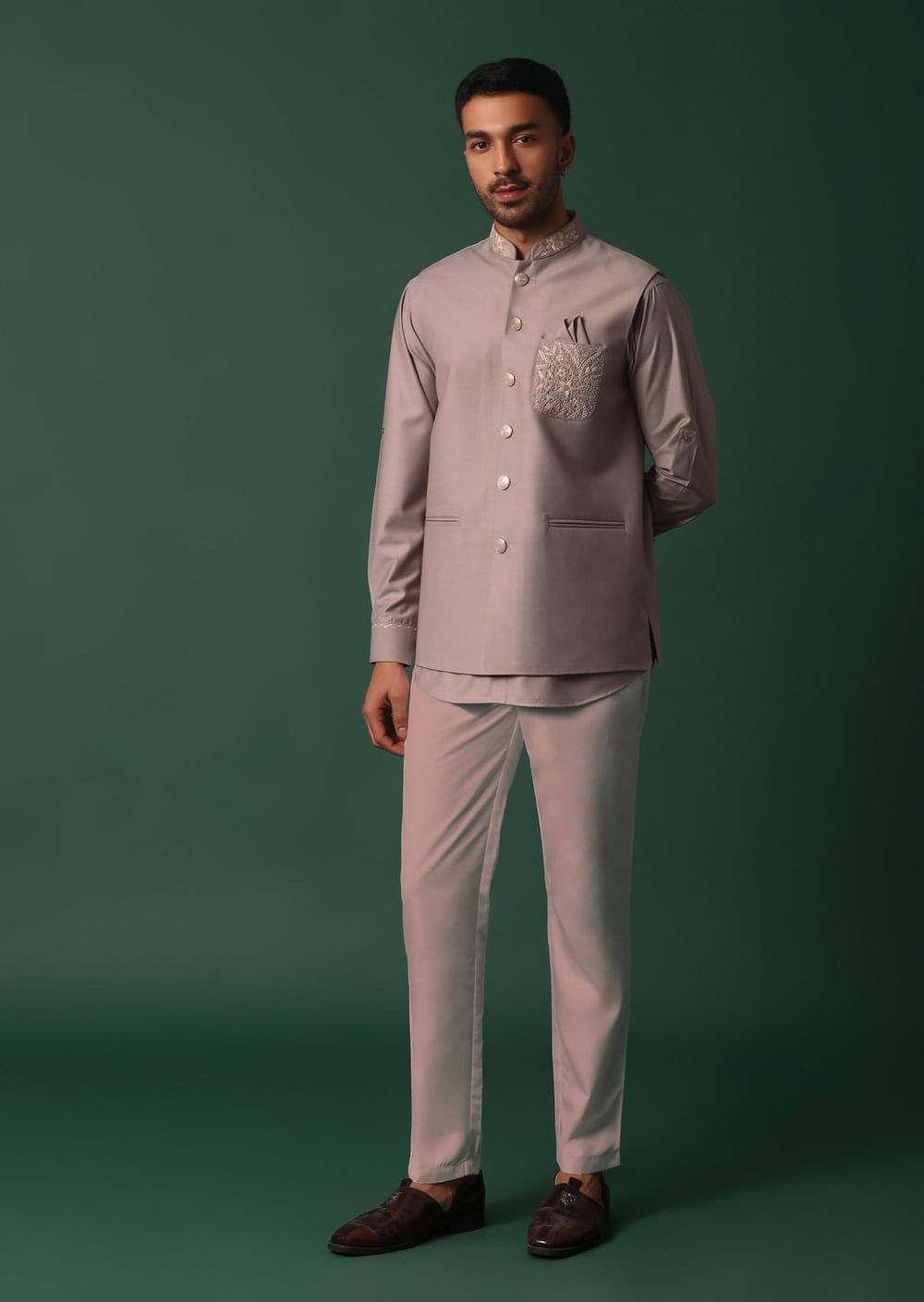Pink Jacket Kurta Set With Embroidered Neckline And Pocket Square