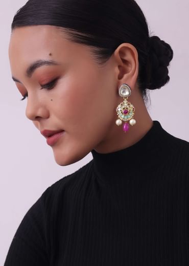 Pink Jadau Choker And Earring Set In Gold Finish With Stones