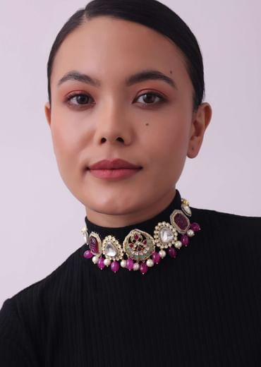 Pink Jadau Choker And Earring Set In Gold Finish With Stones