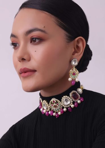 Pink Jadau Choker And Earring Set In Gold Finish With Stones