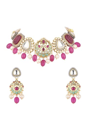Pink Jadau Choker And Earring Set In Gold Finish With Stones