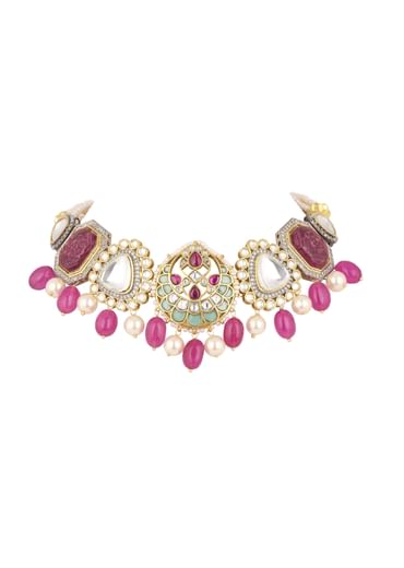 Pink Jadau Choker And Earring Set In Gold Finish With Stones