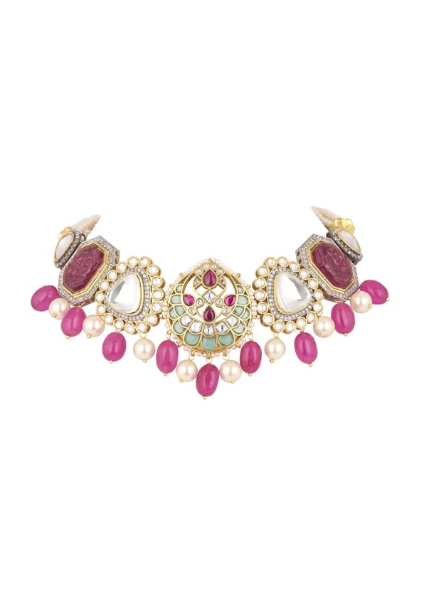 Pink Jadau Choker And Earring Set In Gold Finish With Stones Pink Jadau Choker And Earring Set In Gold Finish With Stones