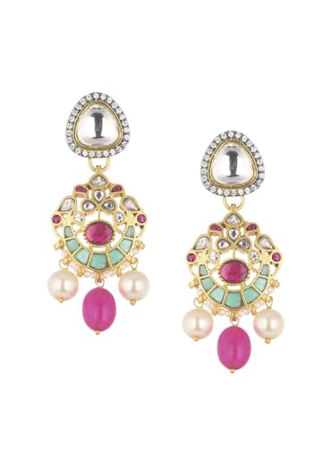 Pink Jadau Choker And Earring Set In Gold Finish With Stones