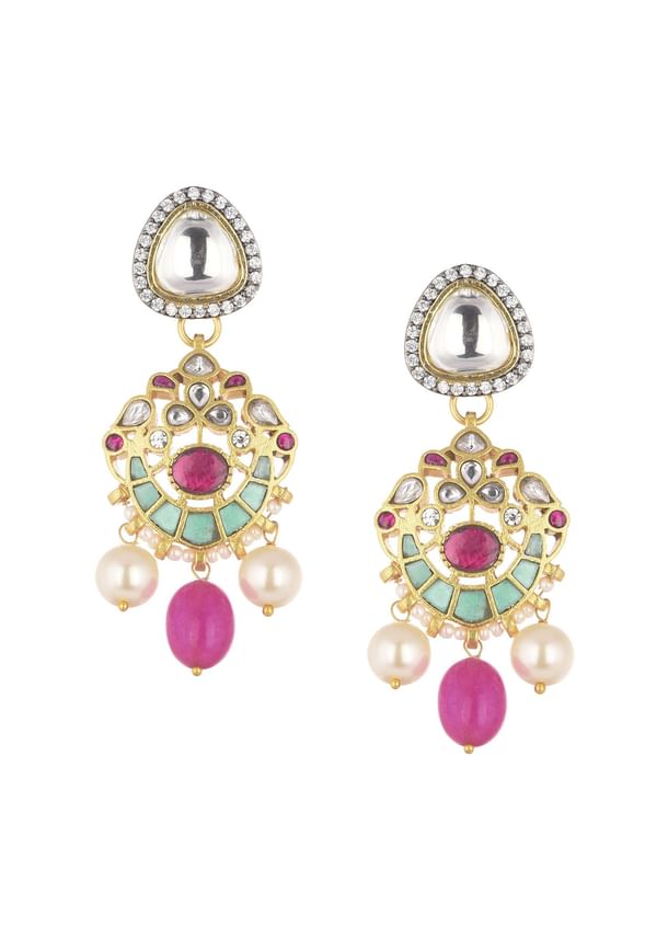 Pink Jadau Choker And Earring Set In Gold Finish With Stones Pink Jadau Choker And Earring Set In Gold Finish With Stones
