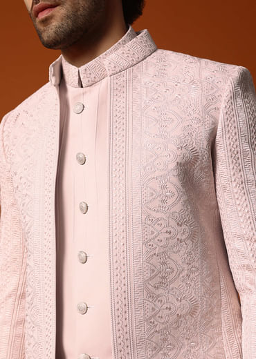 Pink Jodhpuri Set In Resham Work For Men
