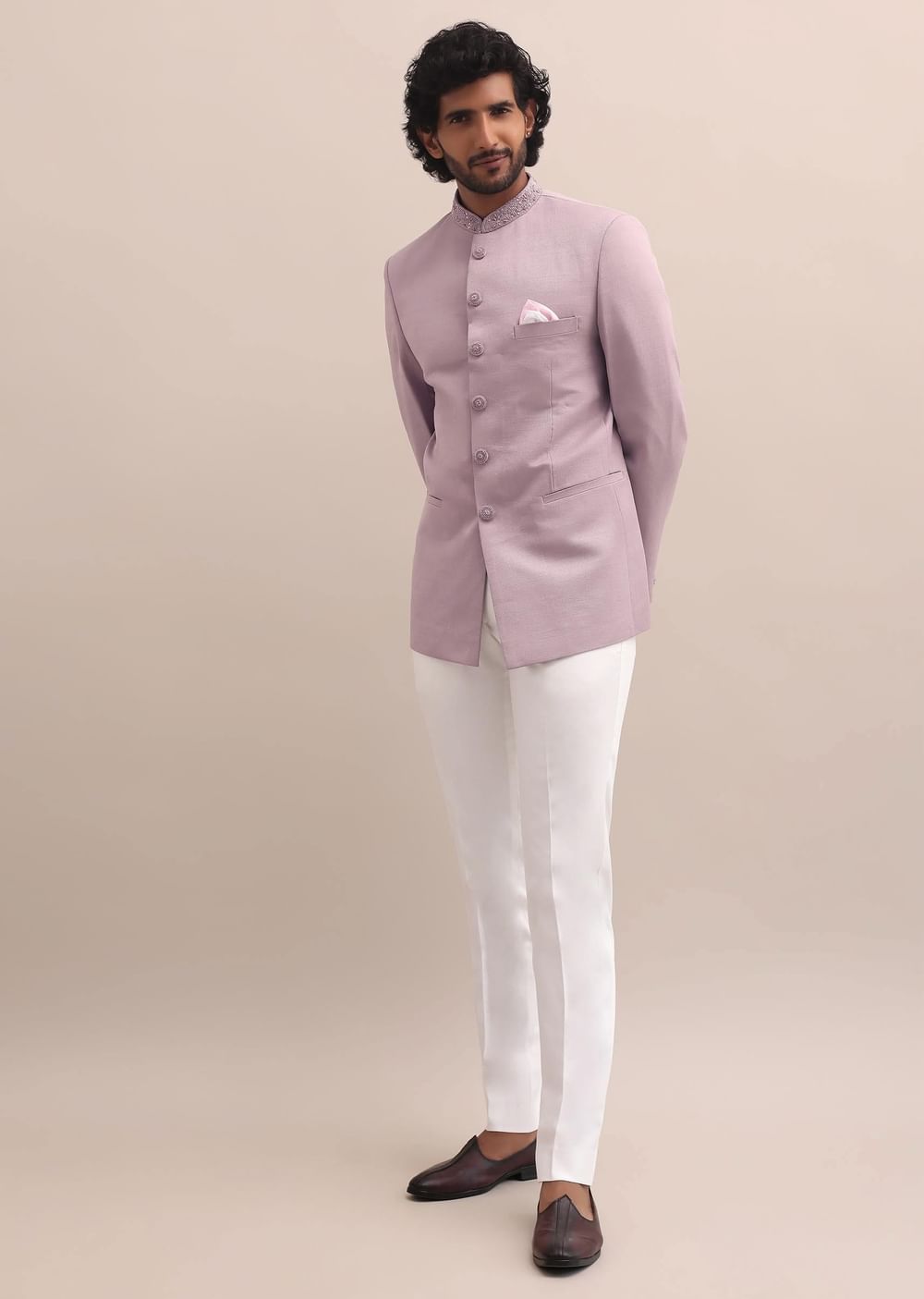 Pink Jodhpuri Suit With Embroidered Collar For Men