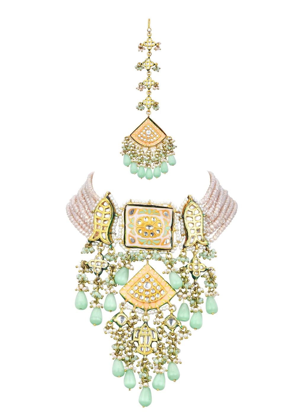 Pink Kundan Choker Set With Green Bead Drops