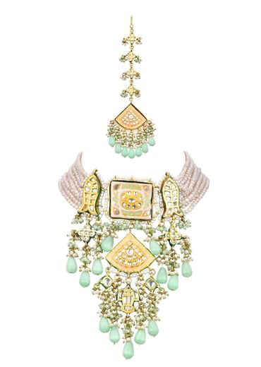 Pink Kundan Choker Set With Green Bead Drops