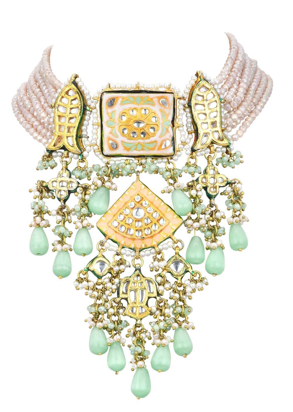Pink Kundan Choker Set With Green Bead Drops