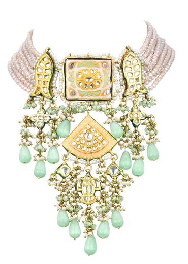 Pink Kundan Choker Set With Green Bead Drops