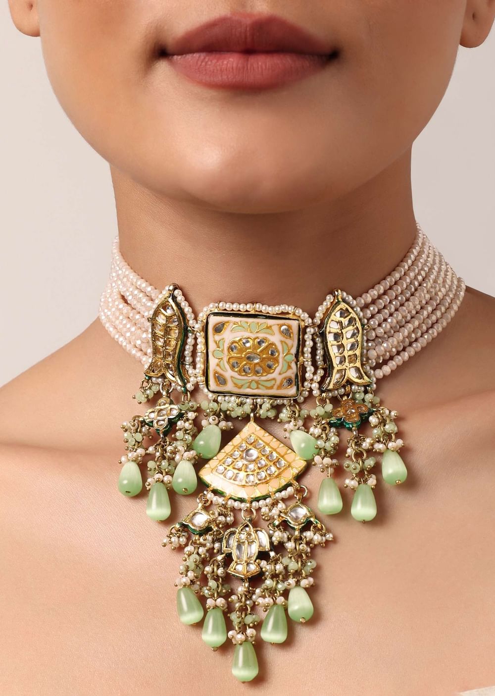 Pink Kundan Choker Set With Green Bead Drops