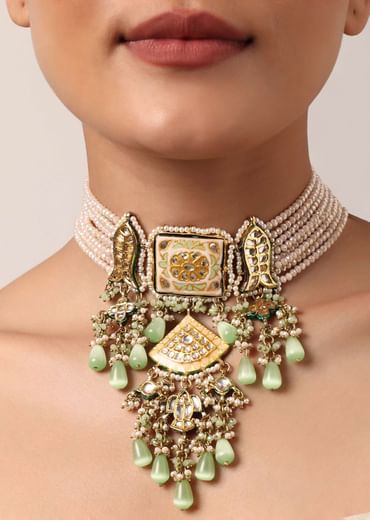 Pink Kundan Choker Set With Green Bead Drops
