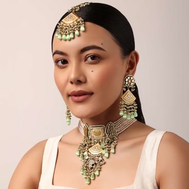 Pink Kundan Choker Set With Green Bead Drops