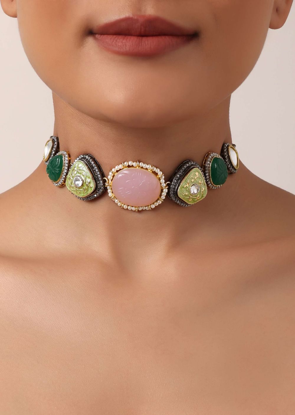 Pink Kundan Choker Set With Two Tone Stones