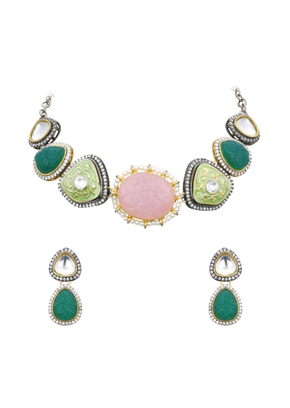 Pink Kundan Choker Set With Two Tone Stones
