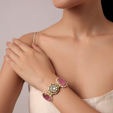 Pink Kundan Studded Bracelet With Carved Stones
