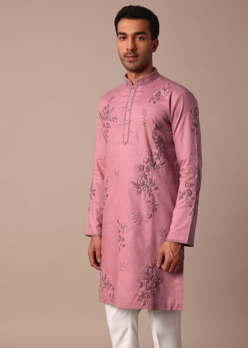 Pink Linen Kurta Set With Hand Work