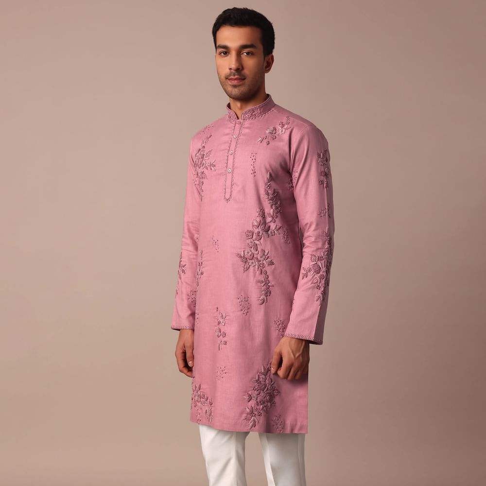 Pink Linen Kurta Set With Hand Work