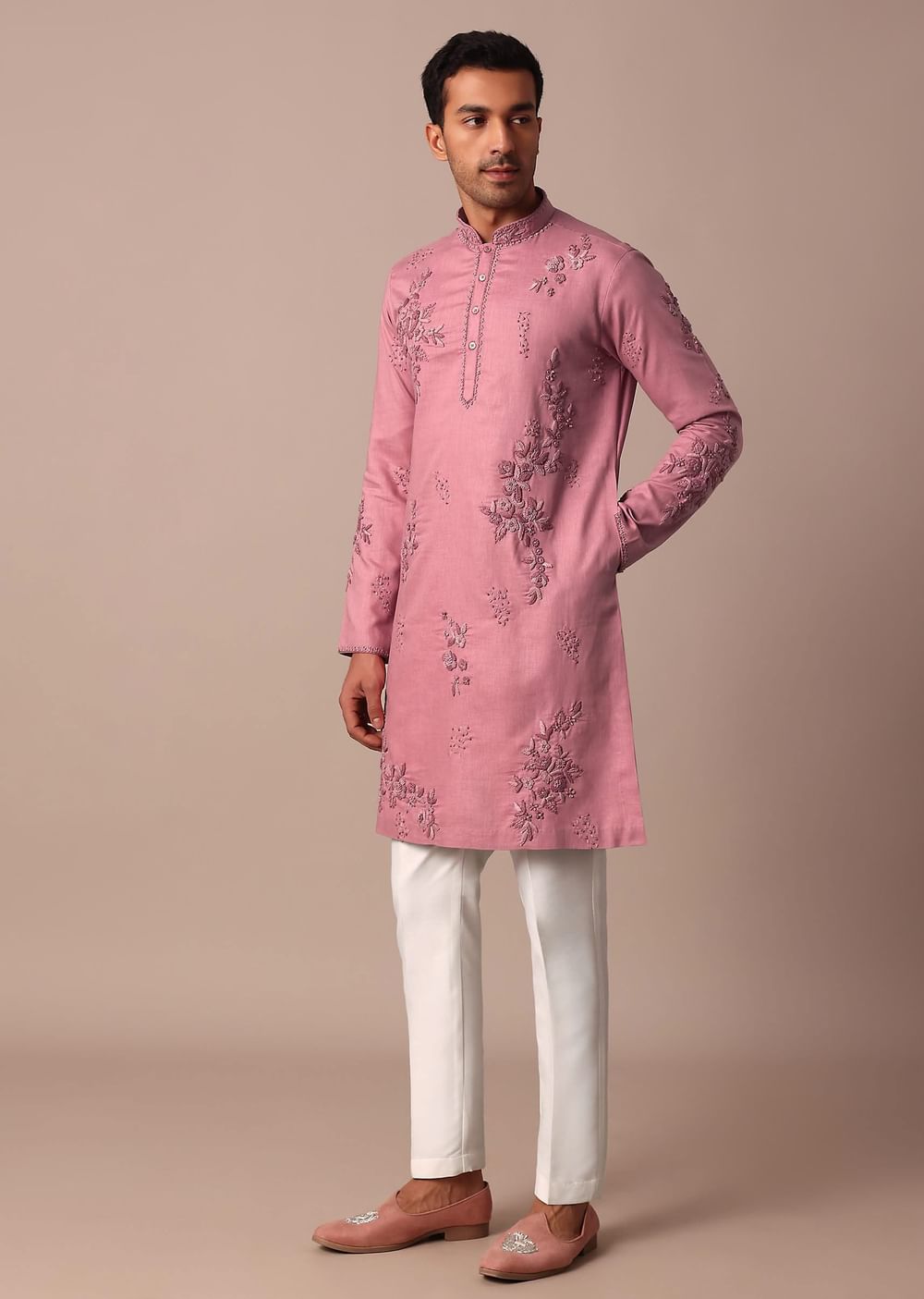 Pink Linen Kurta Set With Hand Work