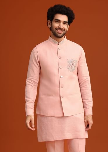 Pink Linen Zardosi Kurta Jacket Set