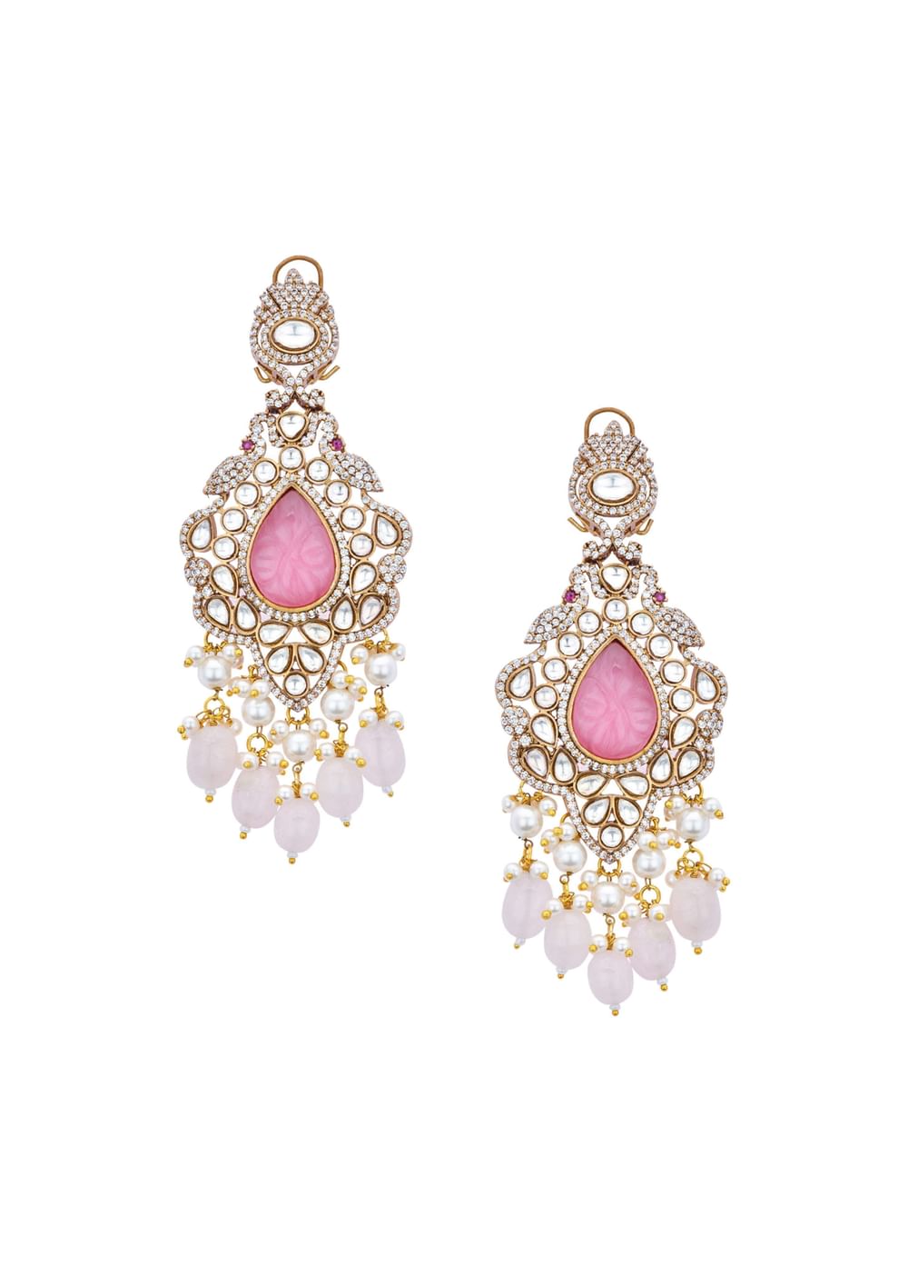Pink Long Pendant Necklace Set With Mossanite Motif