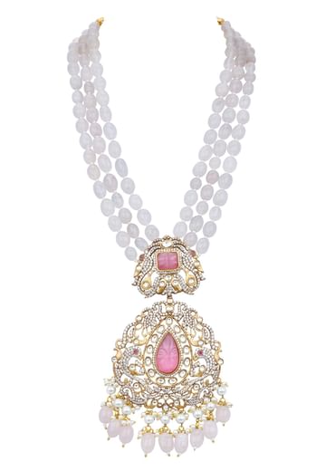 Pink Long Pendant Necklace Set With Mossanite Motif
