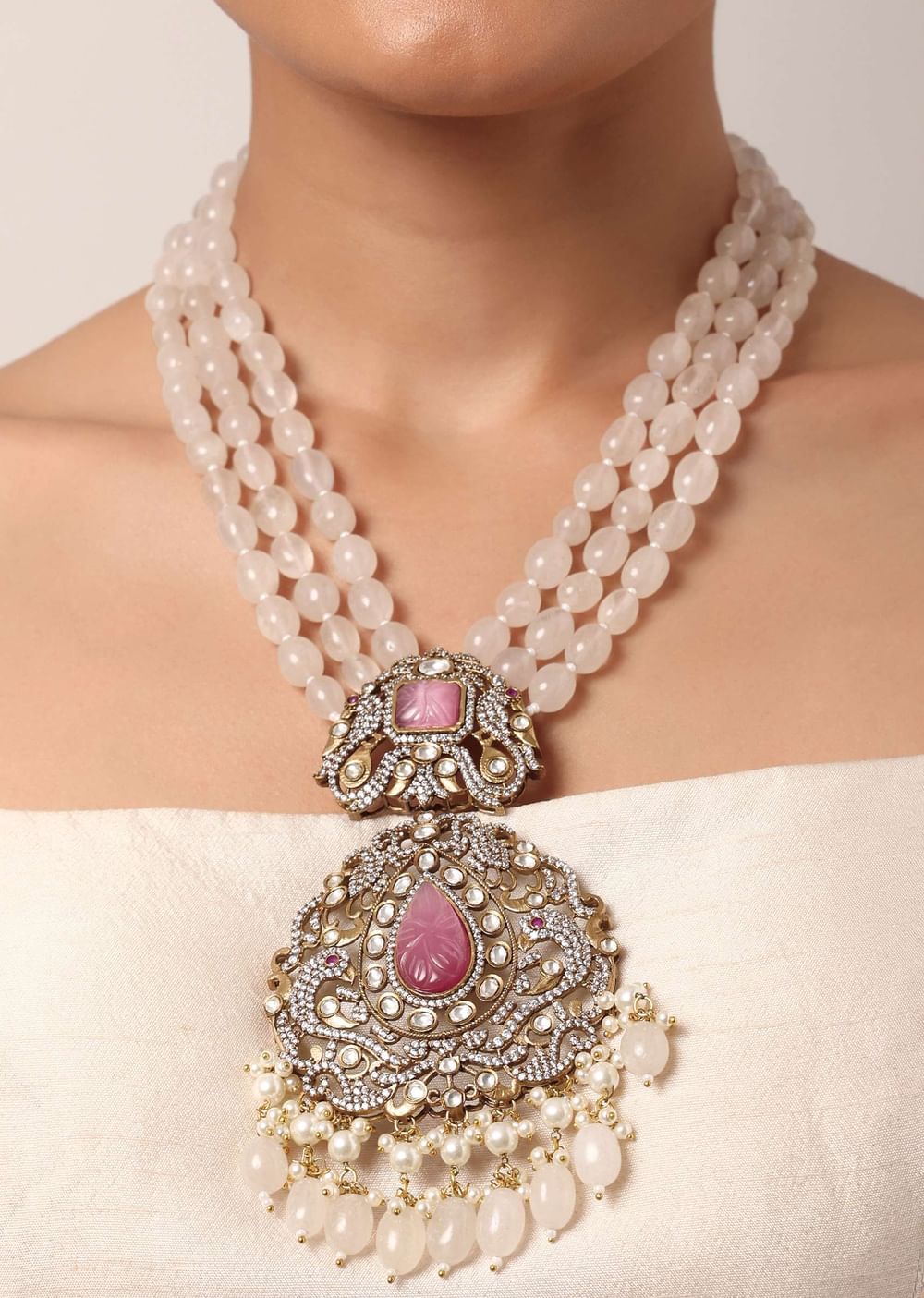 Pink Long Pendant Necklace Set With Mossanite Motif