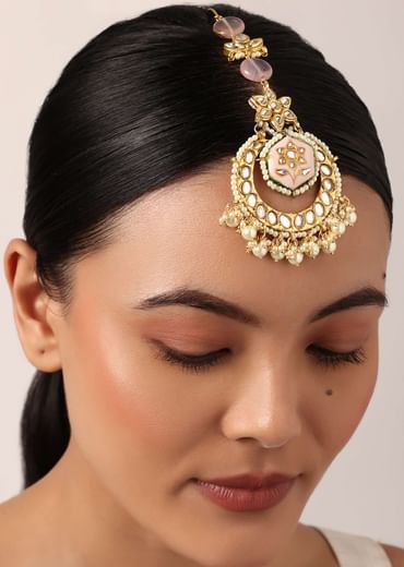 Pink Maangtikka With Pearl Drops And Meenakari Motif