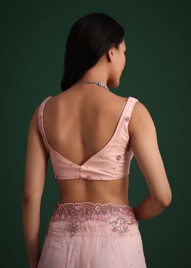 Peach Net Saree With Cutdana And Sequin Embroidery
