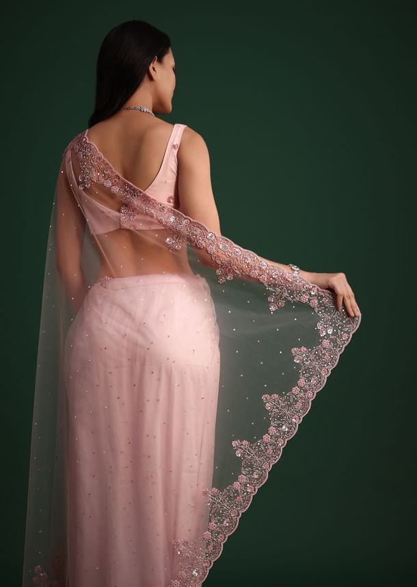 Peach Net Saree With Cutdana And Sequin Embroidery