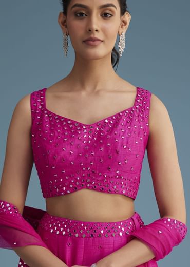 Pink Nysa Silk Lehenga Set With Mirror Work