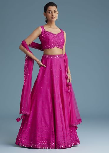 Pink Nysa Silk Lehenga Set With Mirror Work