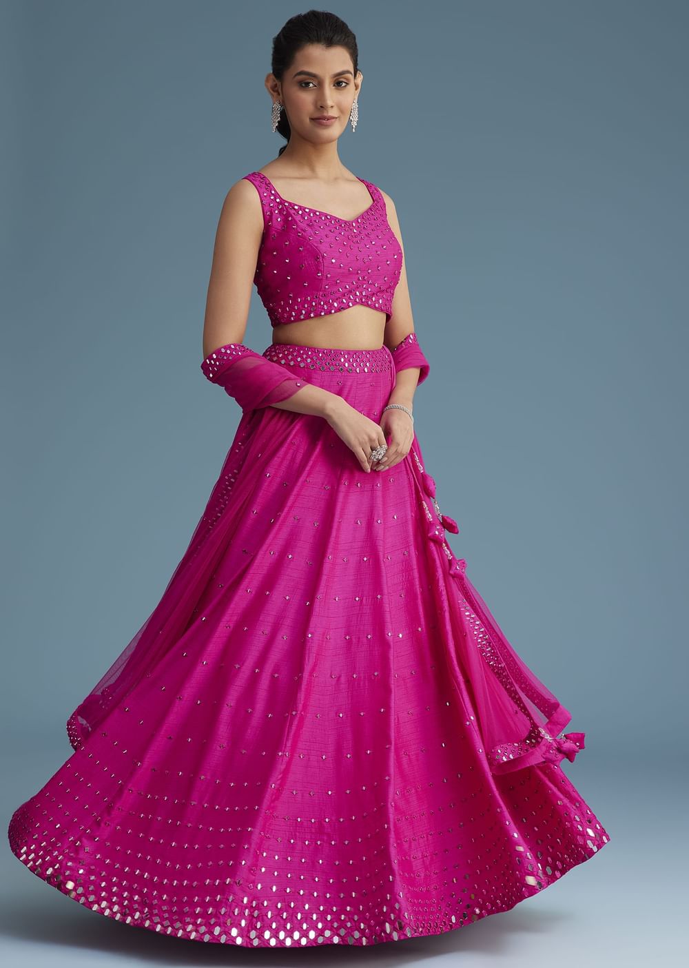 Pink Nysa Silk Lehenga Set With Mirror Work