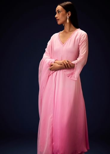Pink Ombre Bell Sleeved Kurta With Palazzo And Dupatta