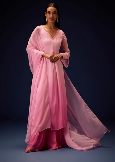 Pink Ombre Bell Sleeved Kurta With Palazzo And Dupatta