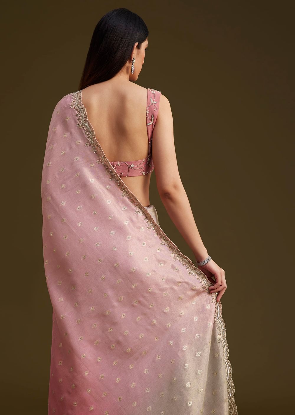 Pink Ombre Tissue Saree With Woven Butti and Scallop Border