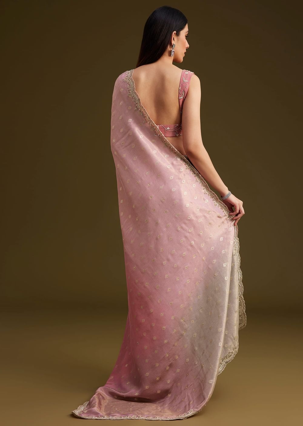 Pink Ombre Tissue Saree With Woven Butti and Scallop Border