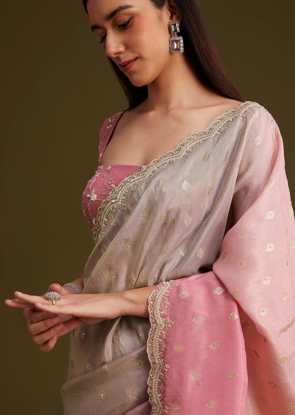 Pink Ombre Tissue Saree With Woven Butti and Scallop Border