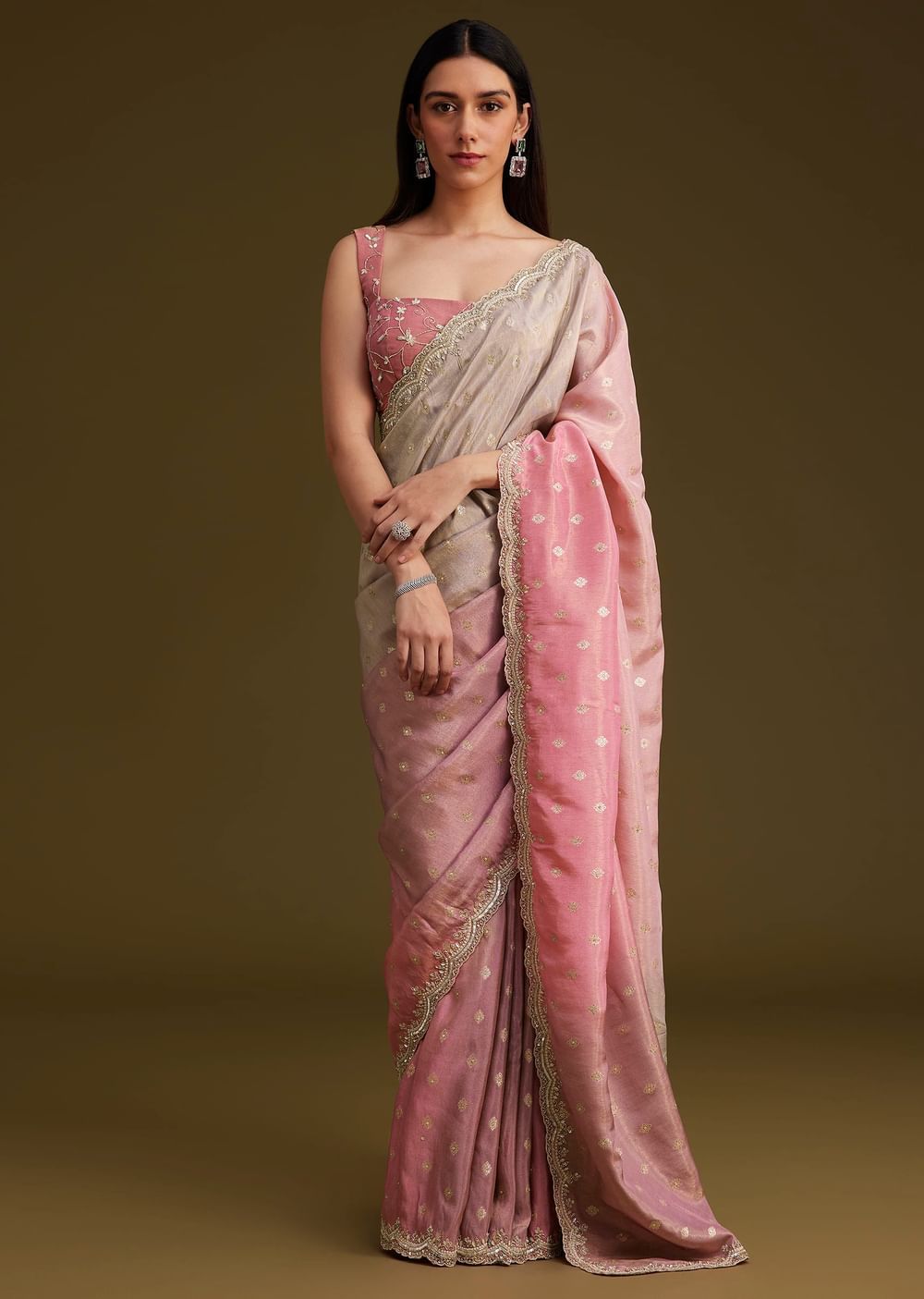 Pink Ombre Tissue Saree With Woven Butti and Scallop Border