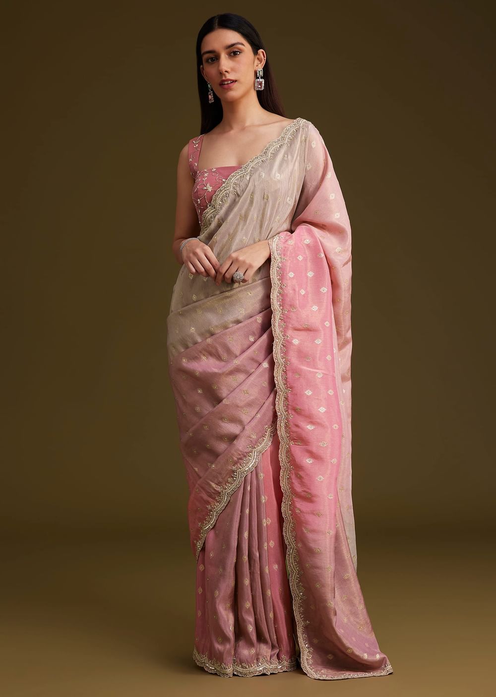 Pink Ombre Tissue Saree With Woven Butti and Scallop Border