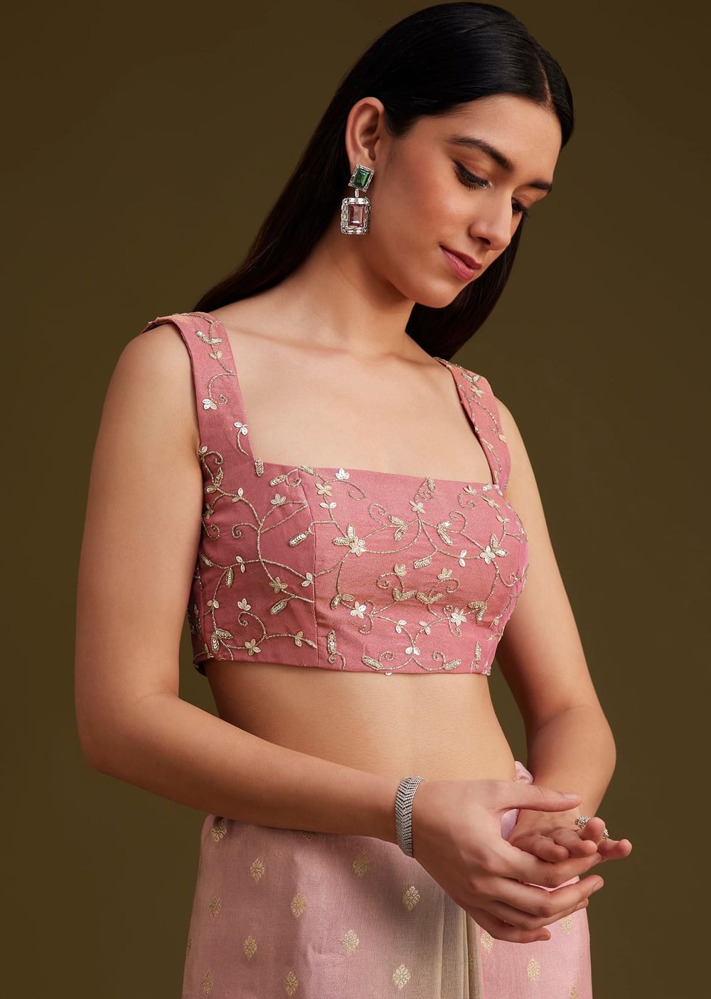 Pink Ombre Tissue Saree With Woven Butti and Scallop Border