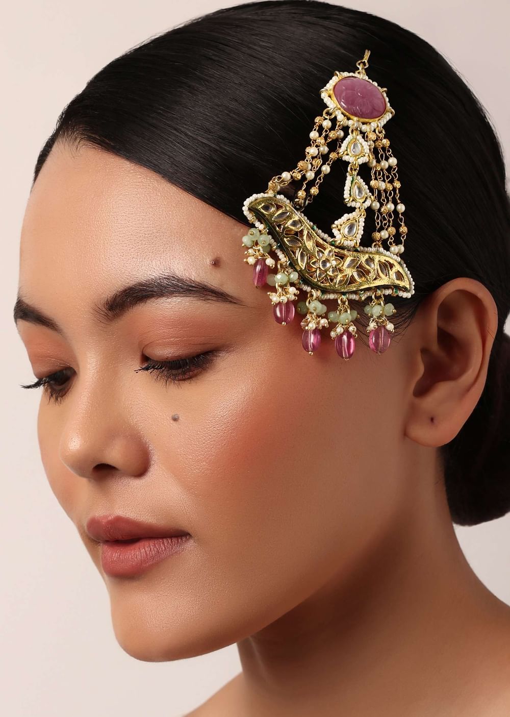 Pink Passa With Encrusted Kundan And Bead Drops
